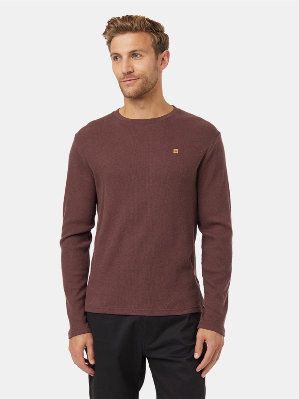 Tentree Mens Waffle Knit Thermal Long Sleeve Shirt Organic Cotton Brown Size M
